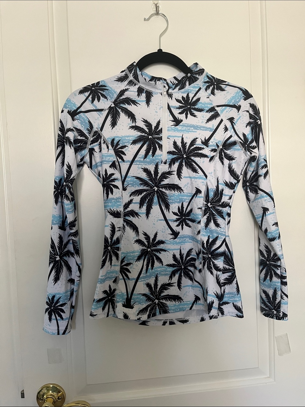 Palm Tree Print 1/4 zip Long Sleeve Rash Guard built in bra White & Blue XS